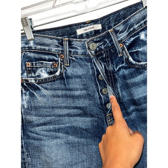 Grlfrnd Blue High-Rise Button-Fly Distressed Look Slim Fit Dark Wash Women's Jea - Picture 3 of 11